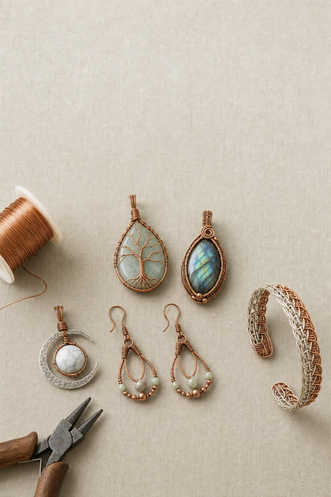 An assortment of handmade wire-wrapped pendants, earrings and a bracelet with a spool of copper wire and pliers
