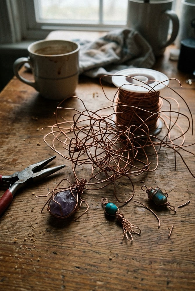 A messy table of tangled copper wire and half-finished wire-wrapped pendants
